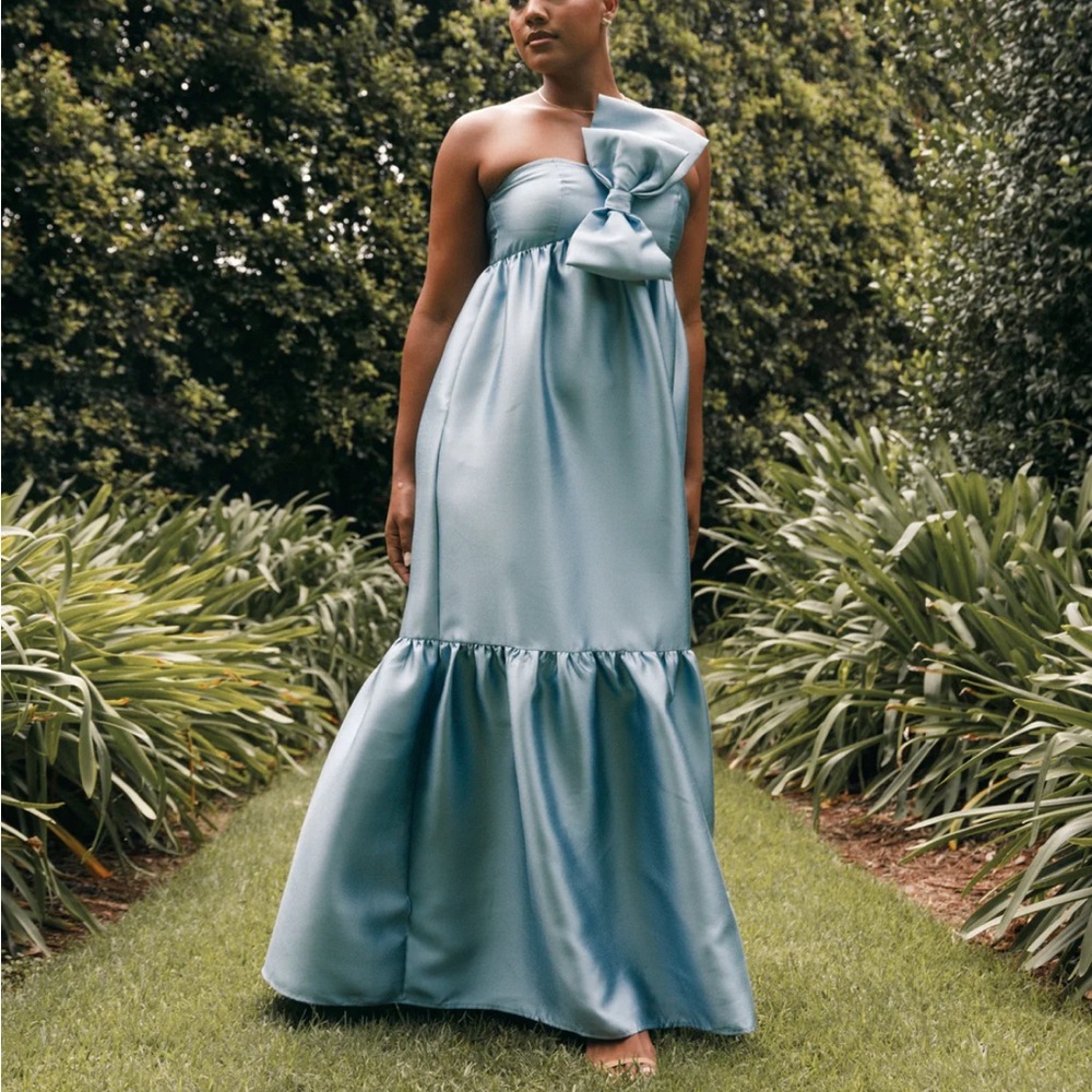 Petal & Pup Blue Tiered Ruffled One-Shoulder Gown